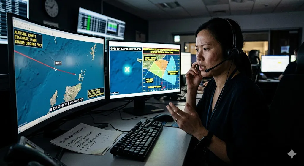 Flight dispatcher at OCC coordinating maritime rescue response during airplane ditching emergency with GPS coordinates on screen