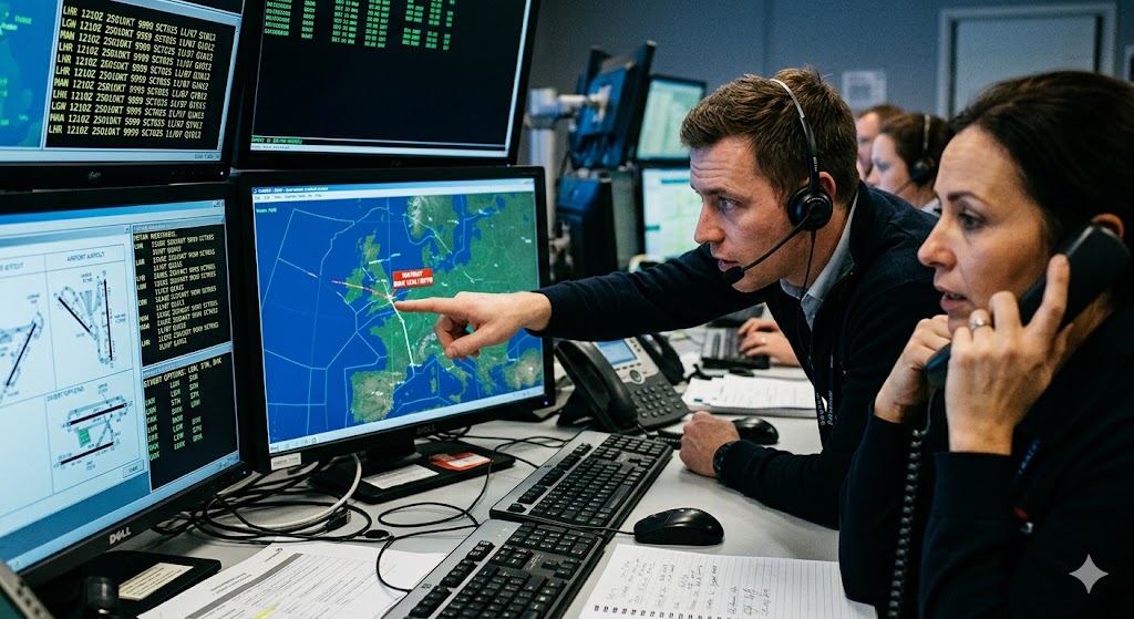 Flight dispatcher at OCC coordinating airplane fire MAYDAY emergency, tracking aircraft divert route on radar screen