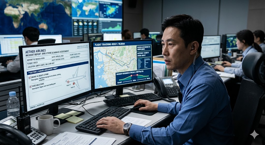 Flight dispatcher reviewing bird strike report and aircraft damage assessment on OCC workstation monitors