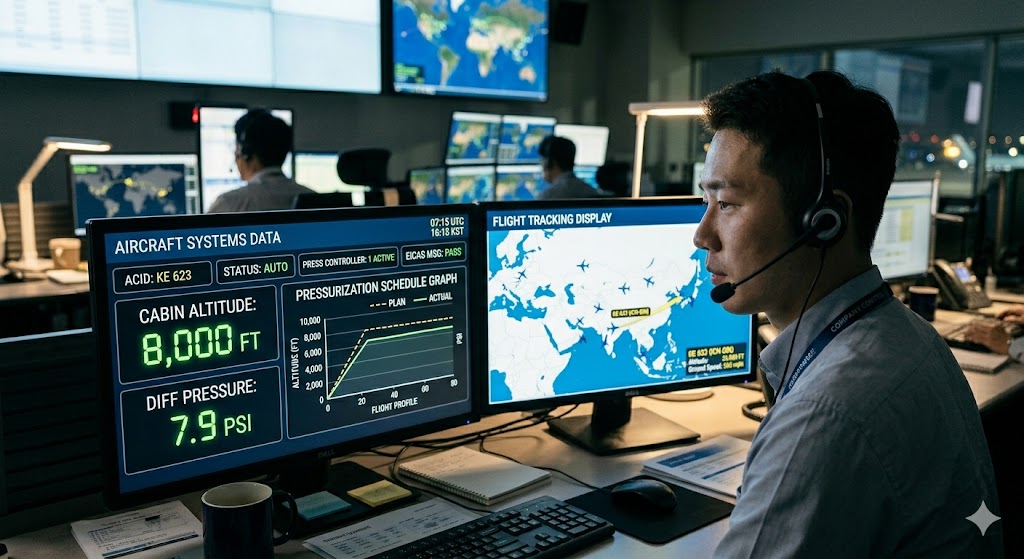 Flight dispatcher monitoring cabin pressure airplane systems data and pressurization schedule on OCC workstation