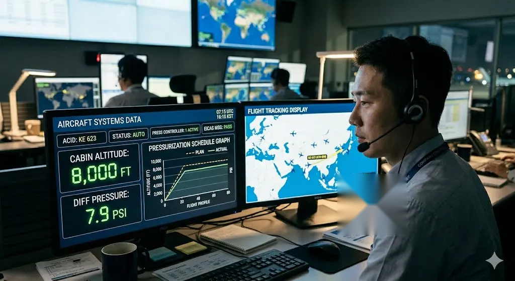 Flight dispatcher monitoring cabin pressure airplane systems data and pressurization schedule on OCC workstation