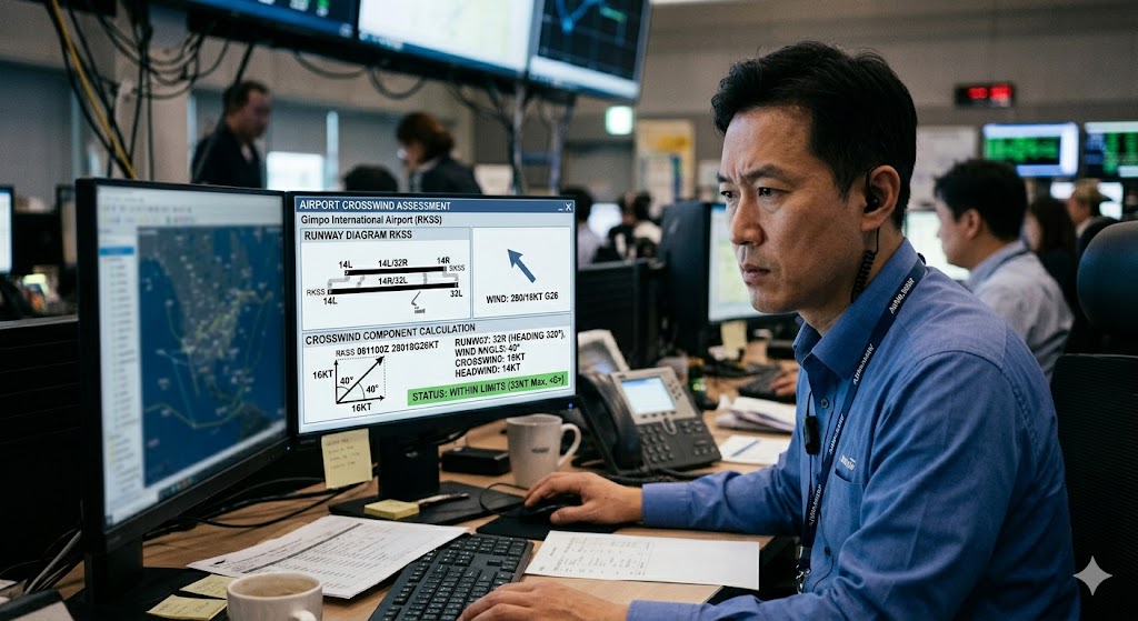 Flight dispatcher studying wind component calculation on OCC workstation for crosswind landing assessment