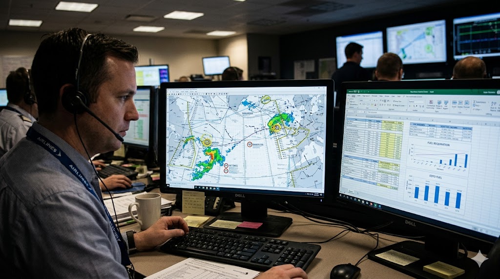 Flight dispatcher at OCC workstation with EDTO oceanic plotting chart showing route, diversion airports, and fuel calculations