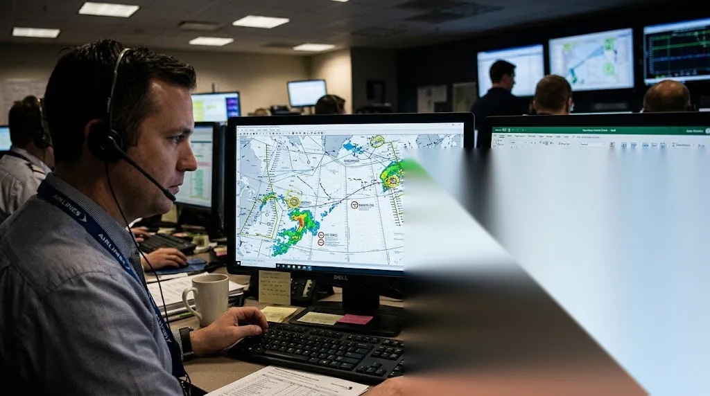 Flight dispatcher at OCC workstation with EDTO oceanic plotting chart showing route, diversion airports, and fuel calculations