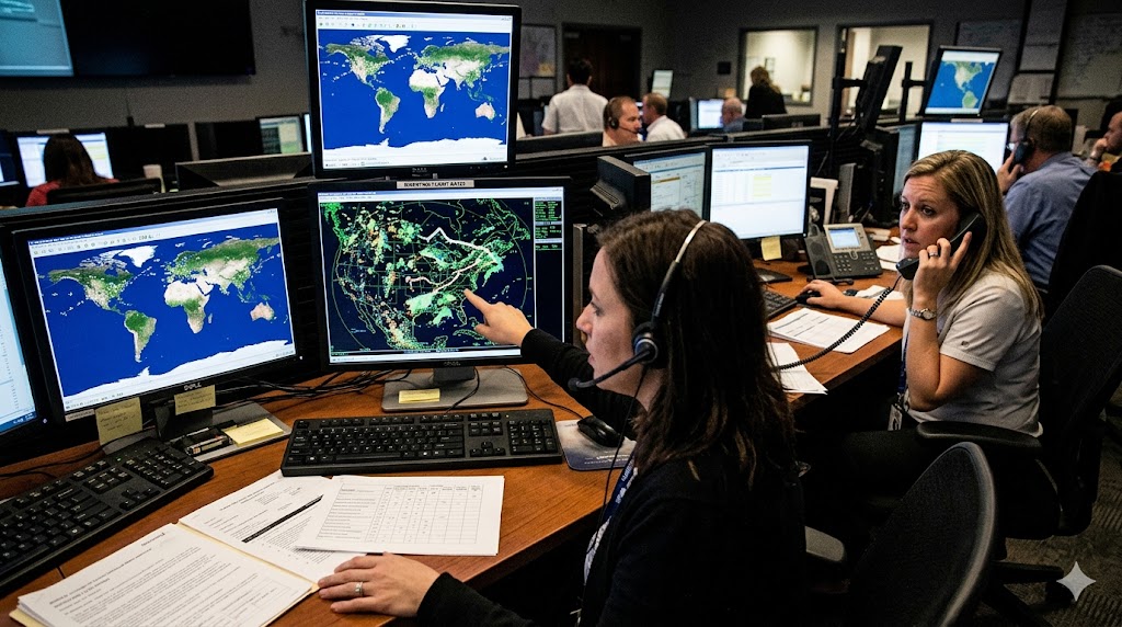 Flight dispatchers at OCC workstations coordinating an emergency landing with ATC and airport services