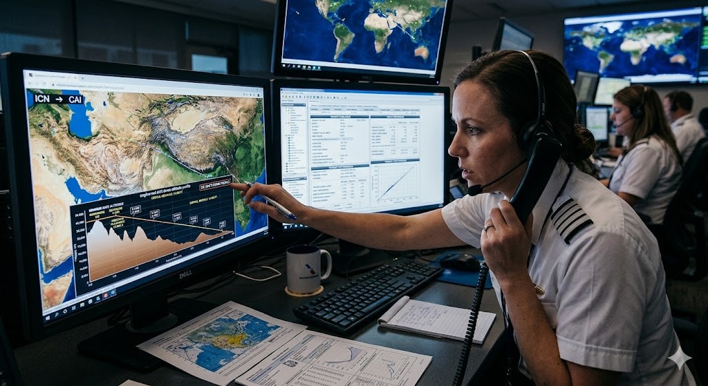 Flight dispatcher studying engine-out drift-down altitude profile and obstacle clearance calculations on OCC monitor
