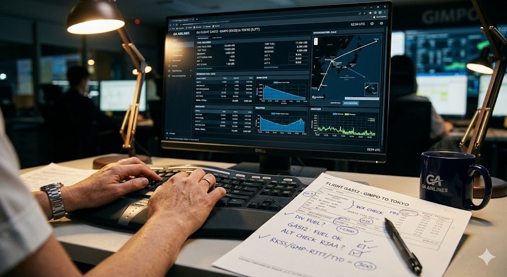 Flight dispatcher hands working on fuel calculation software with flight plan and handwritten notes during diversion decision