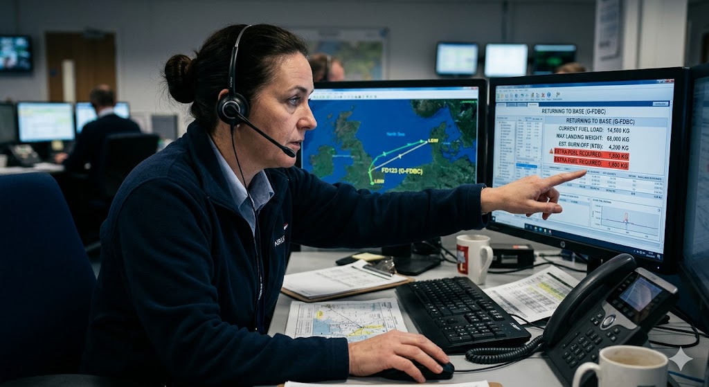 Flight dispatcher at OCC workstation performing urgent fuel dump calculations for overweight landing scenario