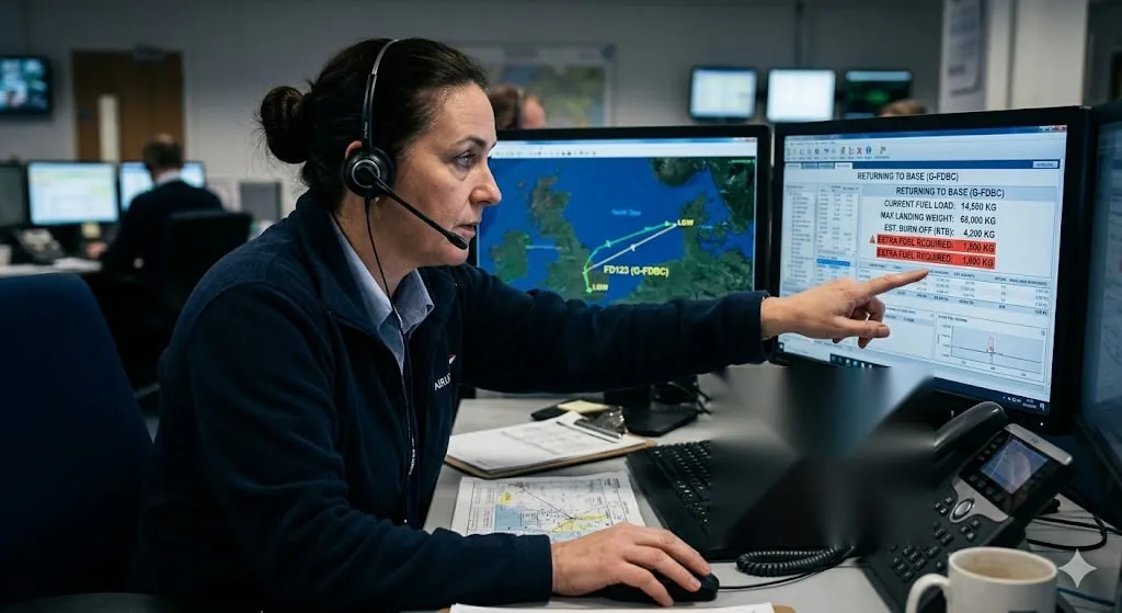 Flight dispatcher at OCC workstation performing urgent fuel dump calculations for overweight landing scenario
