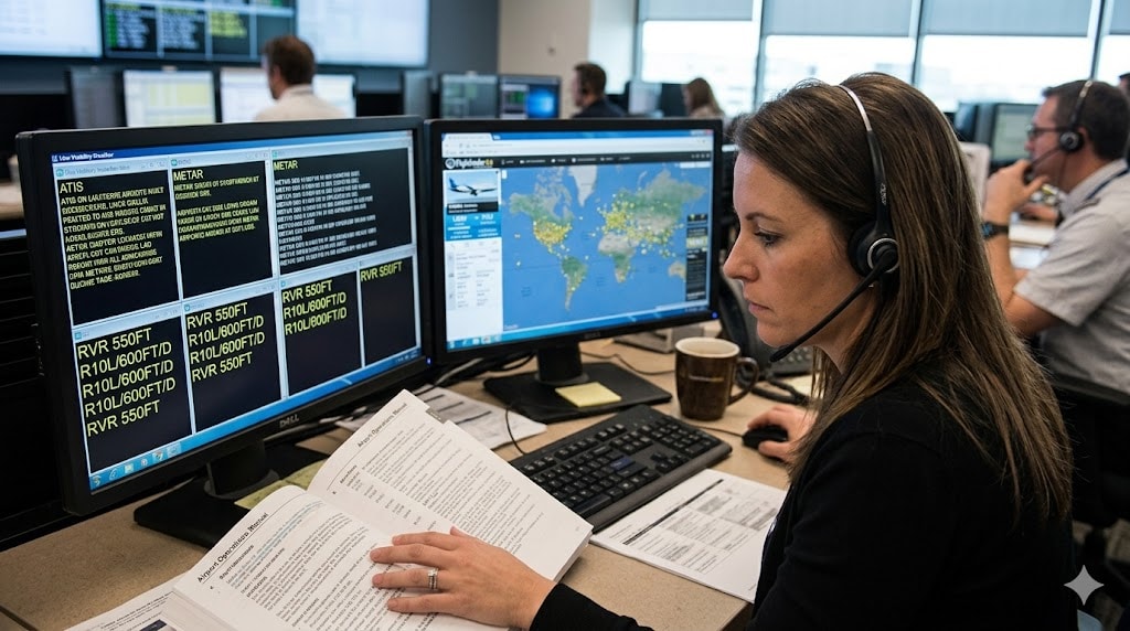 Flight dispatcher reviewing RVR and METAR data for low visibility landing in fog operations at OCC workstation