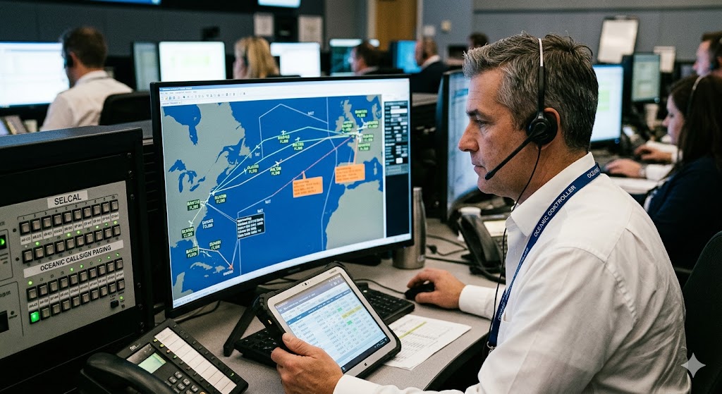 Flight dispatcher at OCC monitoring oceanic aircraft tracks and separation for midair collision risk management