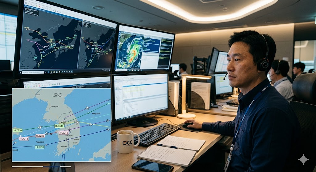 Flight dispatcher calmly monitoring multiple airplane autopilot-guided flights in cruise on OCC screens