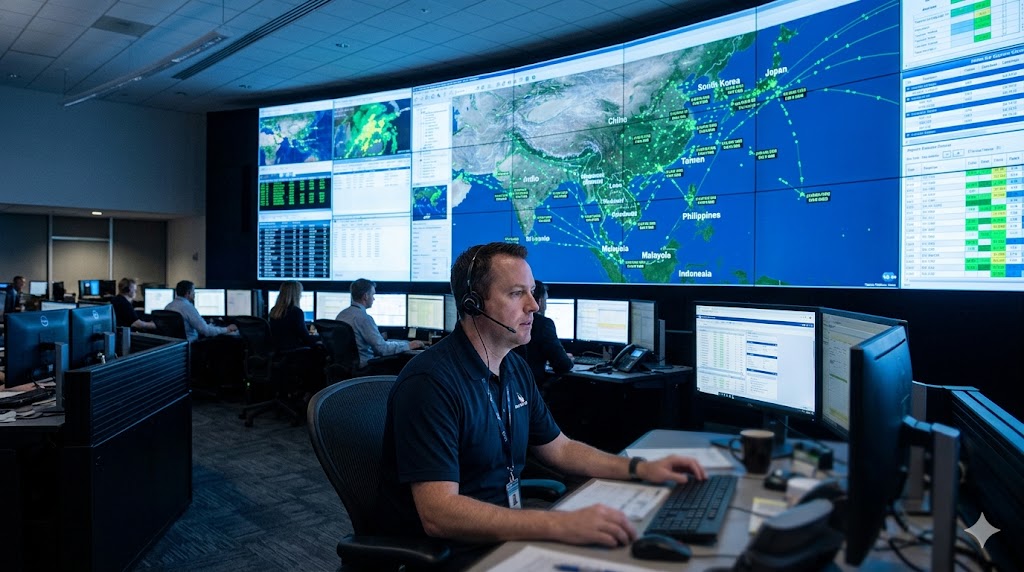 Flight dispatcher monitoring multiple flights across East Asia and Southeast Asia map display in Operations Control Center