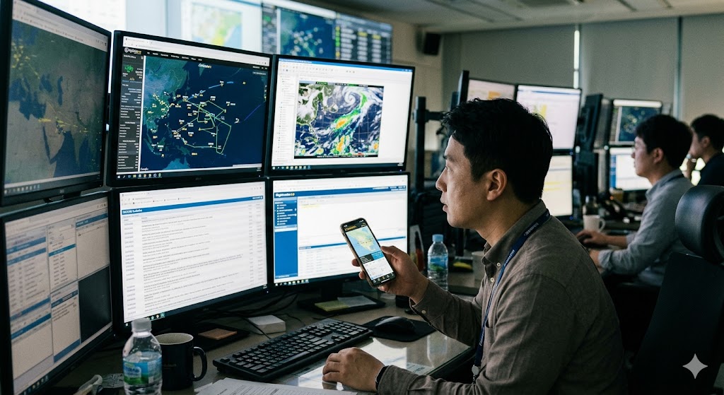 Flight dispatcher in OCC checking smartphone flight tracker alongside professional monitoring systems, showing tools to track your flight