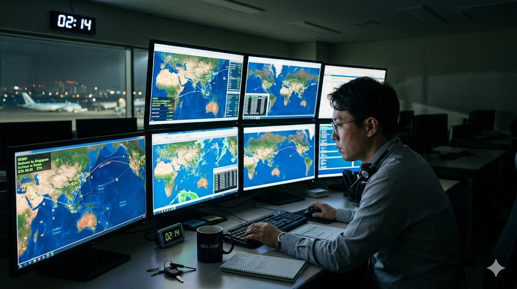 Flight dispatcher working alone during late night shift in darkened OCC monitoring night flights crossing oceans on screen displays