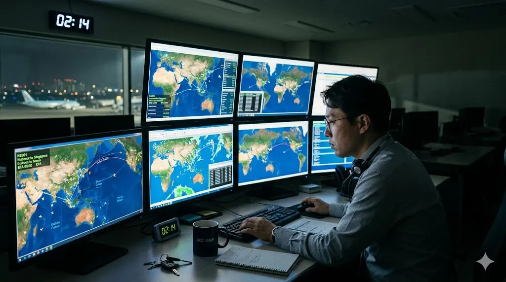 Flight dispatcher working alone during late night shift in darkened OCC monitoring night flights crossing oceans on screen displays