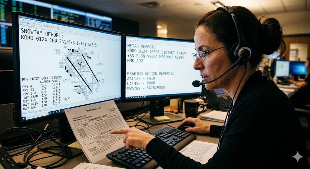 Flight dispatcher reviewing SNOWTAM and runway condition report data to assess runway excursion risk before flight release