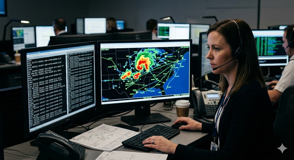 Flight dispatcher viewing weather radar with thunderstorm cells and aircraft routes deviating around them to avoid airplane lightning strike risk