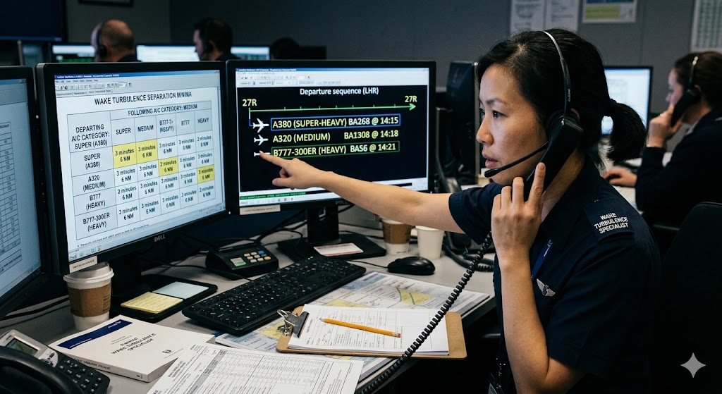 Flight dispatcher at OCC reviewing aircraft wake turbulence categories and departure sequence separation requirements