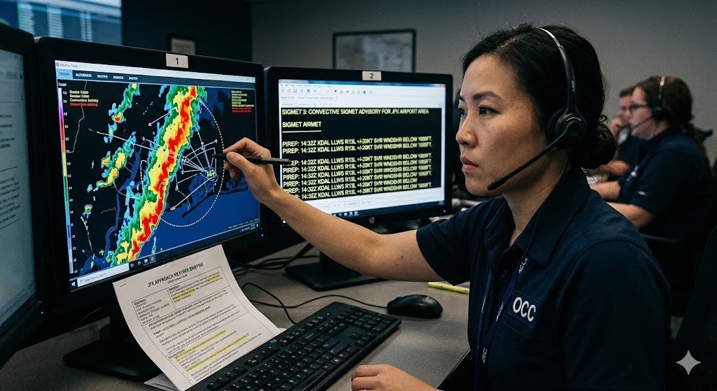 Flight dispatcher at OCC reviewing SIGMET wind shear report and convective weather routing to protect aircraft on approach