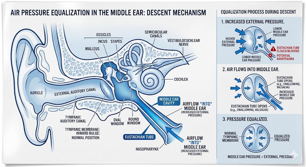Medical illustration of human ear cross-section showing eustachian tube pressure equalization during cabin pressure airplane changes