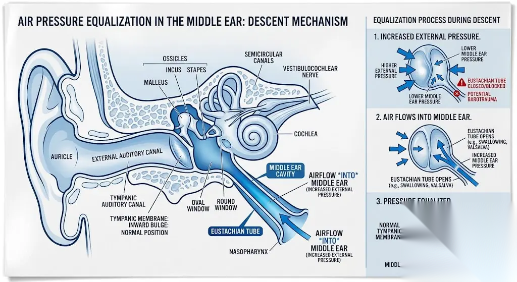 Medical illustration of human ear cross-section showing eustachian tube pressure equalization during cabin pressure airplane changes