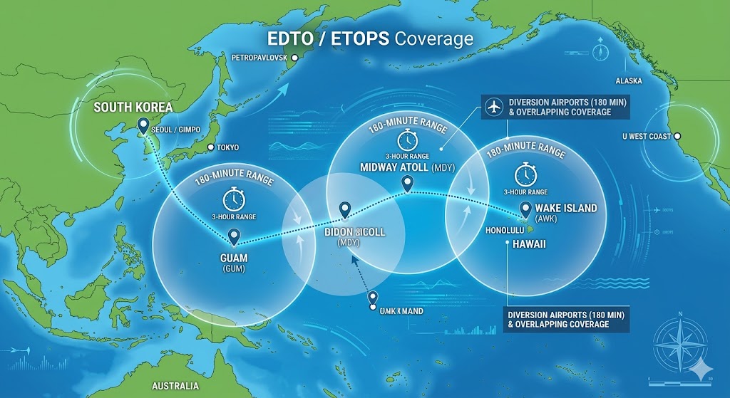 Map showing EDTO diversion circles around Pacific Ocean airports ensuring continuous ETOPS coverage along the oceanic flight route