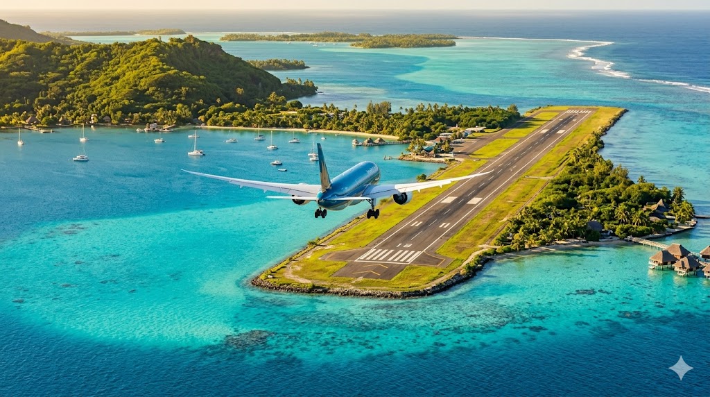 Twin-engine aircraft on final approach to tropical airport after completing safe EDTO oceanic crossing