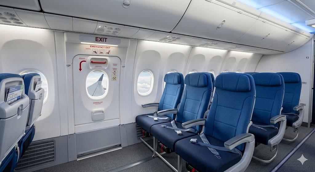 Overwing emergency exit row showing extra legroom and exit door, combining comfort and proximity for best seat on a plane safety consideration