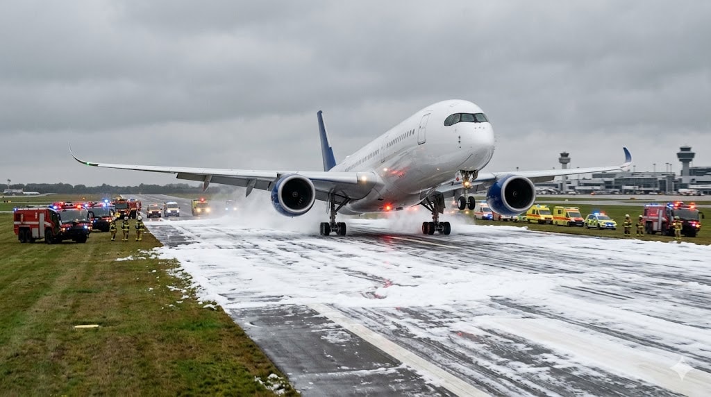 Commercial aircraft making an emergency landing on foam-covered runway with fire trucks positioned along both sides