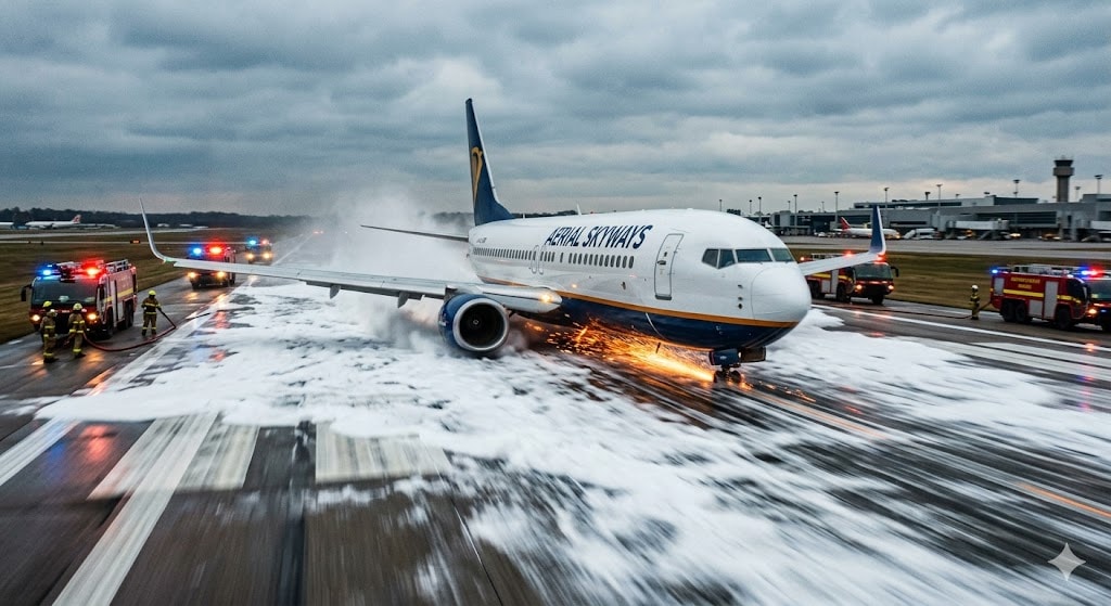 Aircraft performing gear-up emergency landing on foam runway, sparks visible beneath fuselage with fire trucks in position