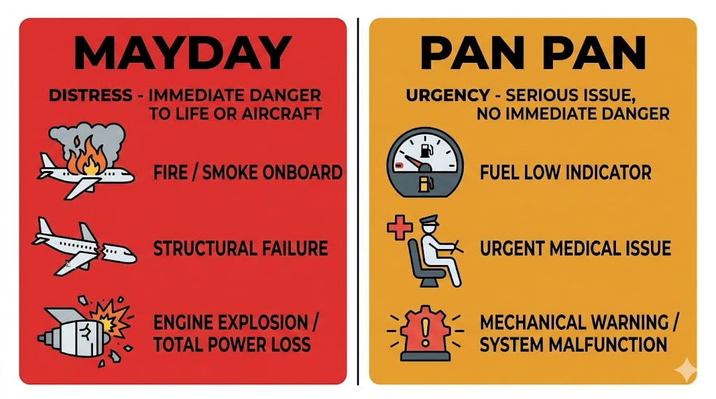 Technical diagram comparing MAYDAY and PAN PAN emergency declarations used before an emergency landing