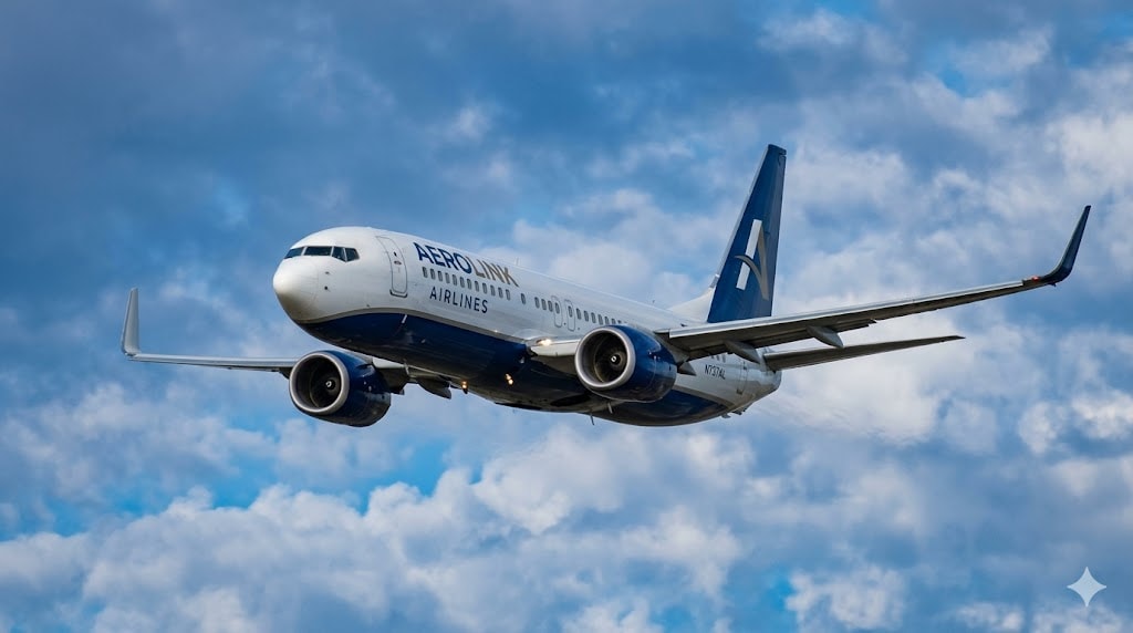Commercial twin-engine airplane flying level and stable with one engine visibly shut down, demonstrating single engine flight capability