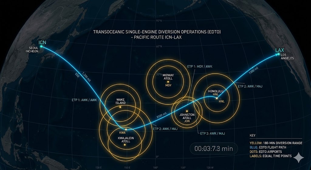 Data visualization of ETOPS transoceanic route with single-engine diversion circles around Pacific island airports and equal time points