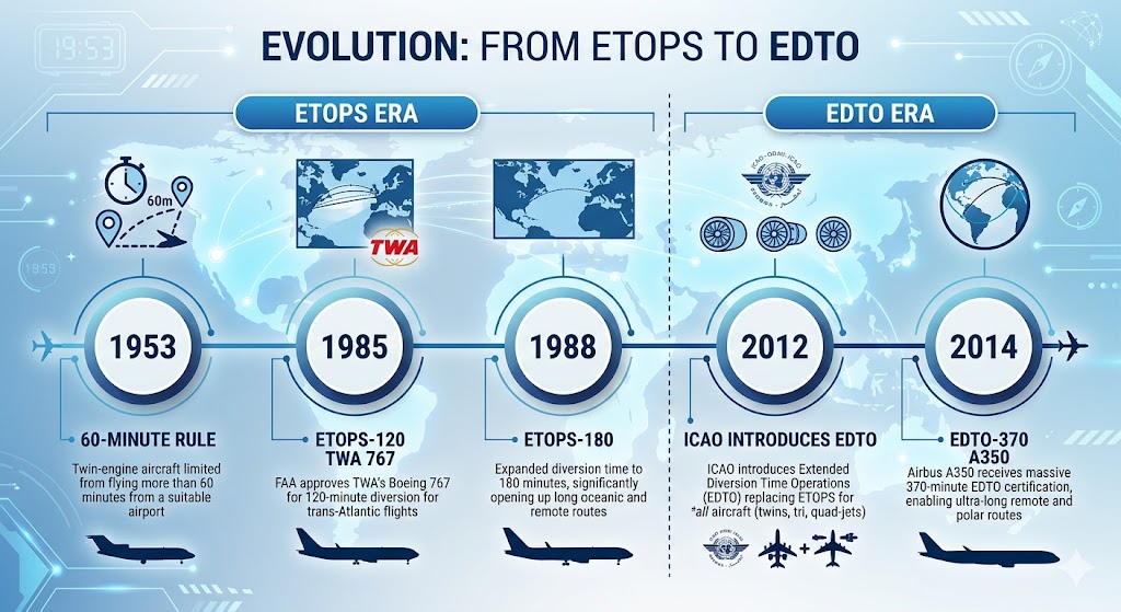 Timeline showing evolution from ETOPS to EDTO: 1953 sixty-minute rule through 2012 ICAO EDTO introduction and 2014 A350 370-minute rating