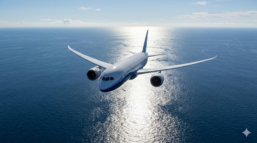 Modern twin-engine Boeing 787 flying over vast open ocean during ETOPS/EDTO oceanic crossing with no land visible
