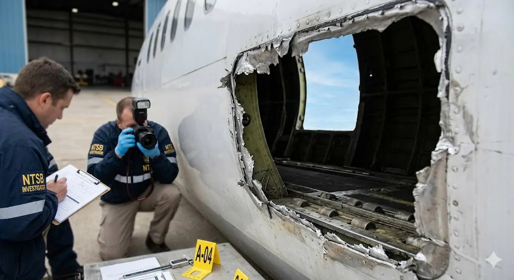 Aircraft fuselage structural opening from investigation context showing damage pattern from rapid decompression event