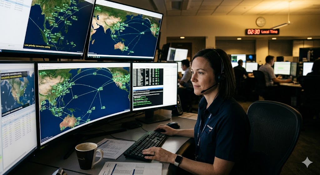 Flight dispatcher at OCC calmly monitoring dozens of aircraft tracks on screens, conveying the routine reality behind fear of flying