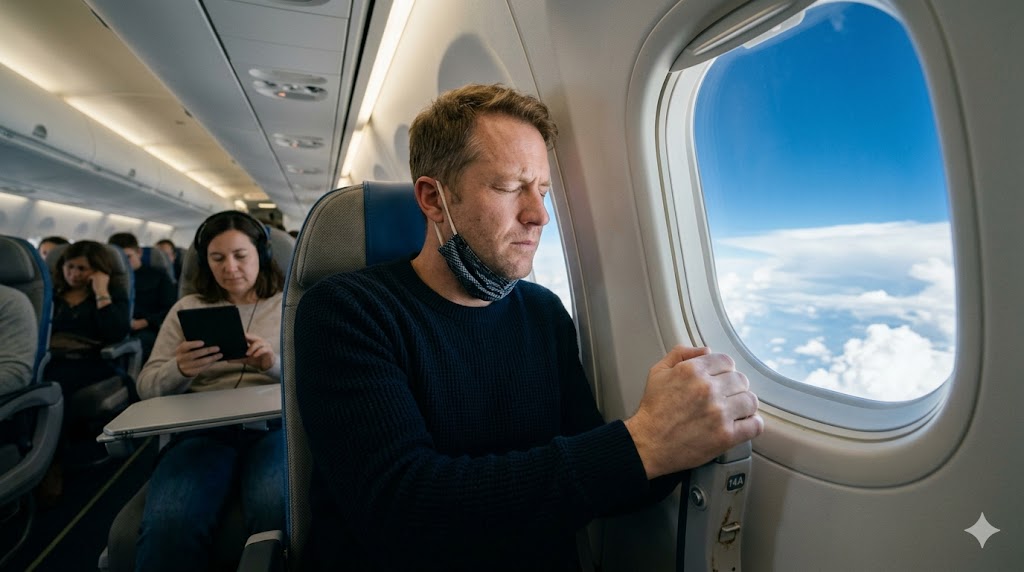 Passenger with fear of flying gripping armrest in window seat of commercial aircraft with blue sky visible outside