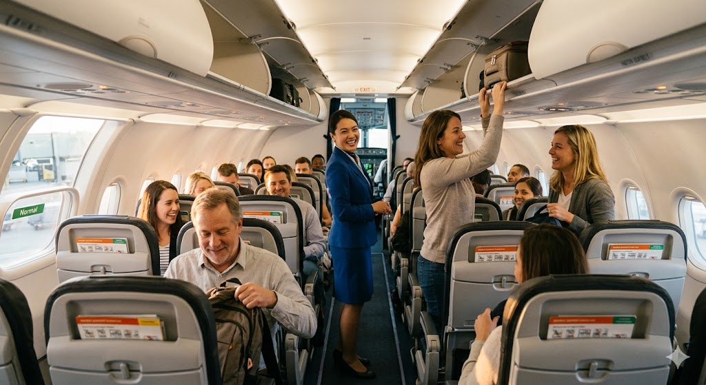 Passengers on commercial aircraft smiling and relieved after safe landing, overcoming fear of flying
