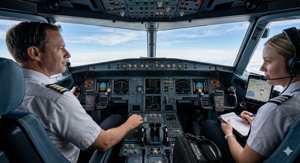 Commercial aircraft pilots in cockpit during normal cruise phase appearing calm and professional, conveying routine of flight