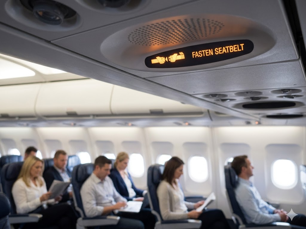 Illuminated fasten seatbelt sign on commercial aircraft relevant to turbulence and fear of flying management