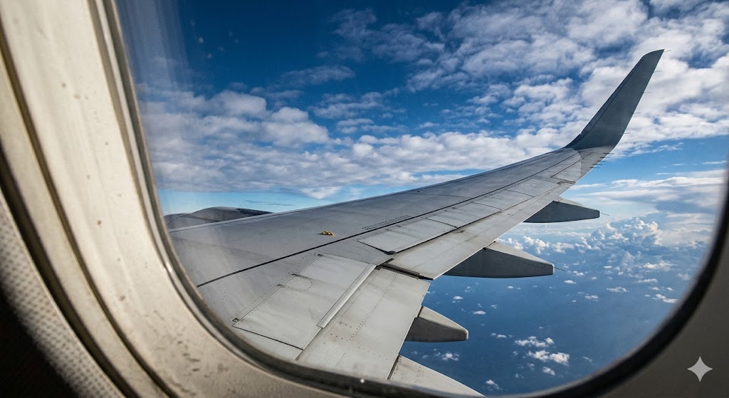 Commercial aircraft wing flexing upward during turbulence showing structural engineering behind fear of flying safety