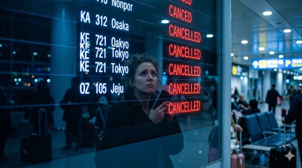 Airport departure board showing multiple flights cancelled in red text with passenger reflection visible in screen