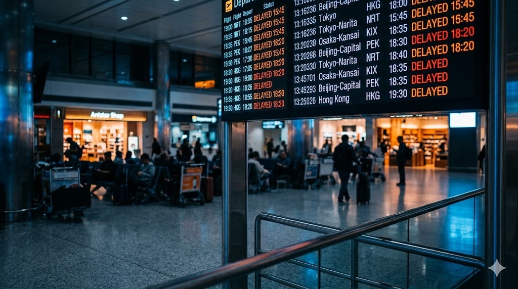 Airport departure board showing multiple flights with delayed status in orange and red, with passengers waiting in terminal background