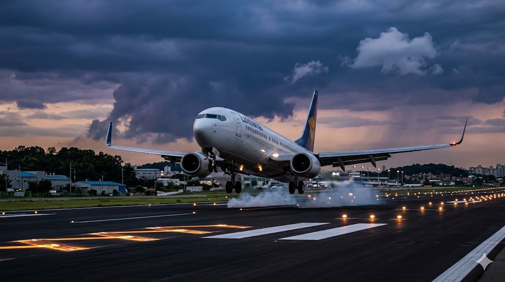 Commercial aircraft landing at alternate airport at dusk after flight diversion with storm clouds clearing in background