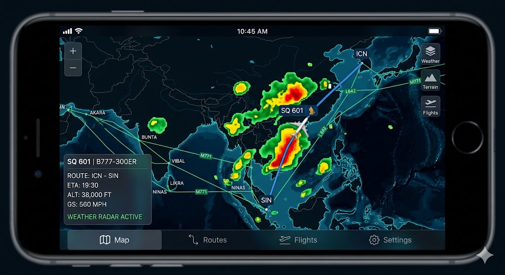 Flight tracking app map with weather radar overlay showing storms along flight route used to track your flight conditions