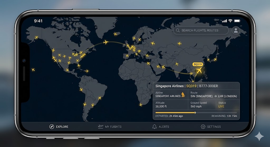 Flight tracking app interface showing multiple aircraft positions on map used to track your flight status in real-time