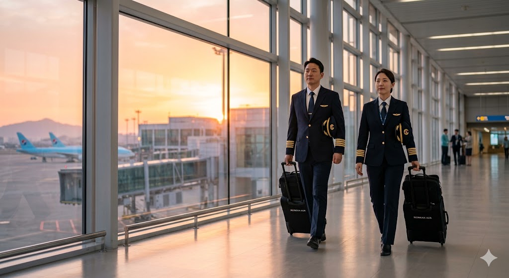 Well-rested pilots walking through airport terminal in early morning light after proper rest, ready for safe pilot duty time operations