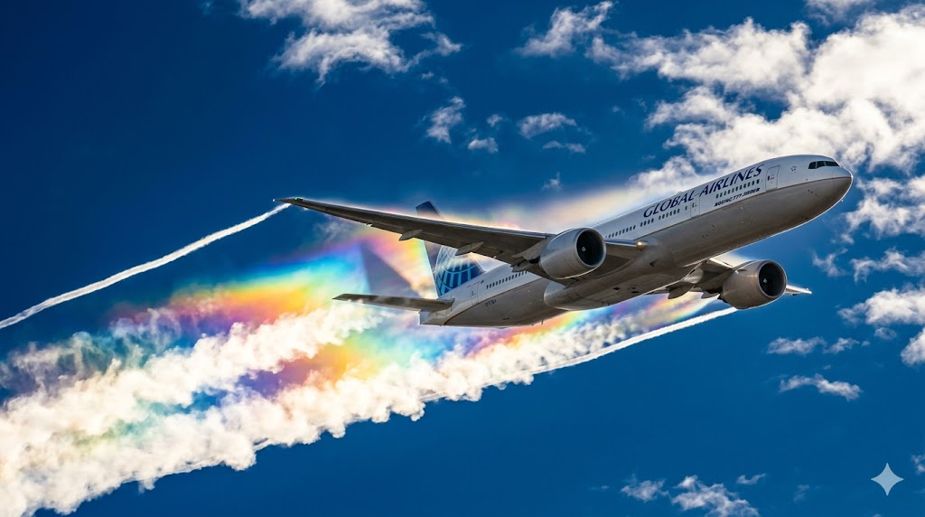 Large commercial aircraft performing a fuel dump with white jettison trails streaming from wing nozzles against blue sky